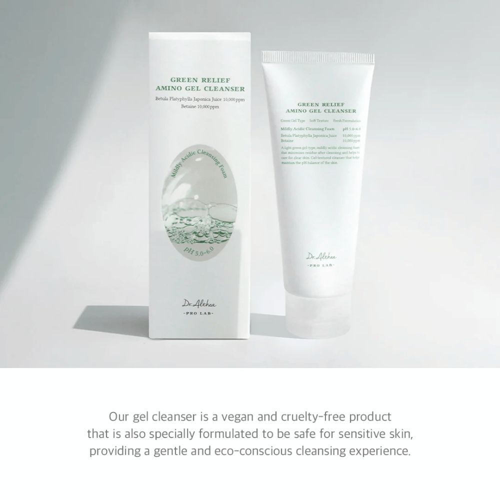 Dr. Althea Green Relief Amino Gel Cleanser je vegánsky, cruelty-free čistiaci prostriedok s jemnou gélovou textúrou. Špeciálne vyvinutý pre citlivú pokožku a ekologicky uvedomelé použitie.