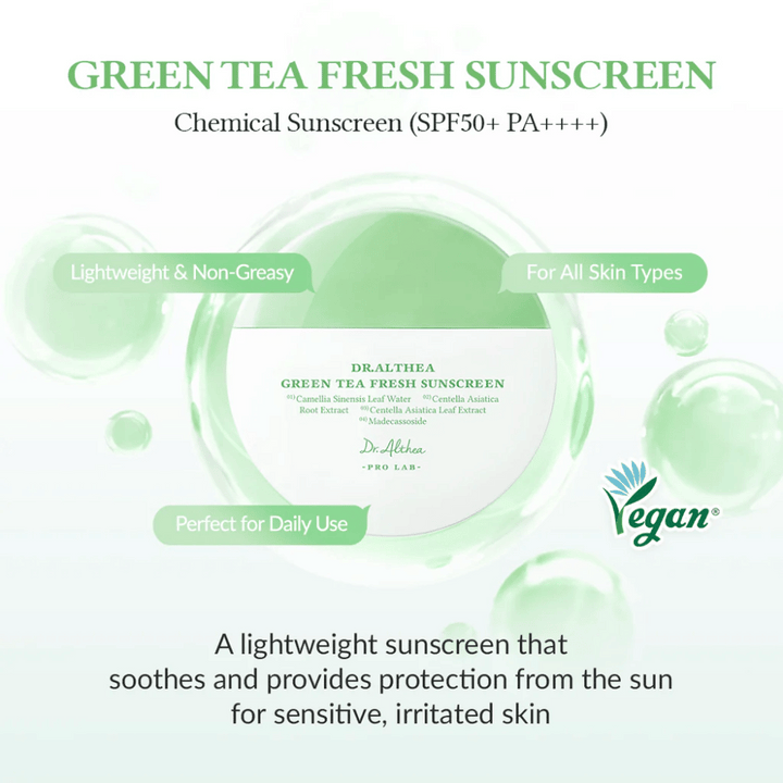 Zeleno-biely obrázok produktu Dr. Althea Green Tea Fresh Sunscreen s označeniami o SPF50+, vegánskej formule a výhodách ako upokojujúci efekt, ľahká textúra a ochrana pre citlivú pokožku.