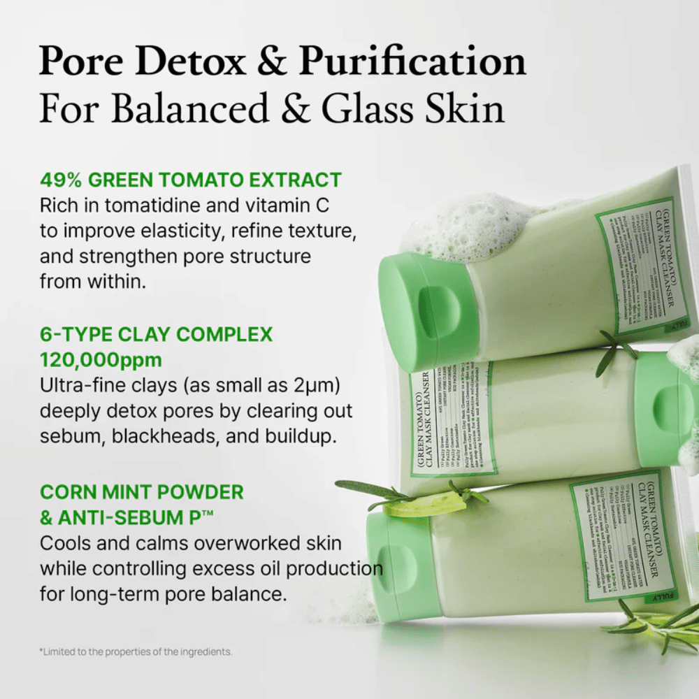 Informačný obrázok o „Pore Detox & Purification“ s ingredienciami ako extrakt zo zelených paradajok, íl a mäta – spolu s obrázkami produktu.
