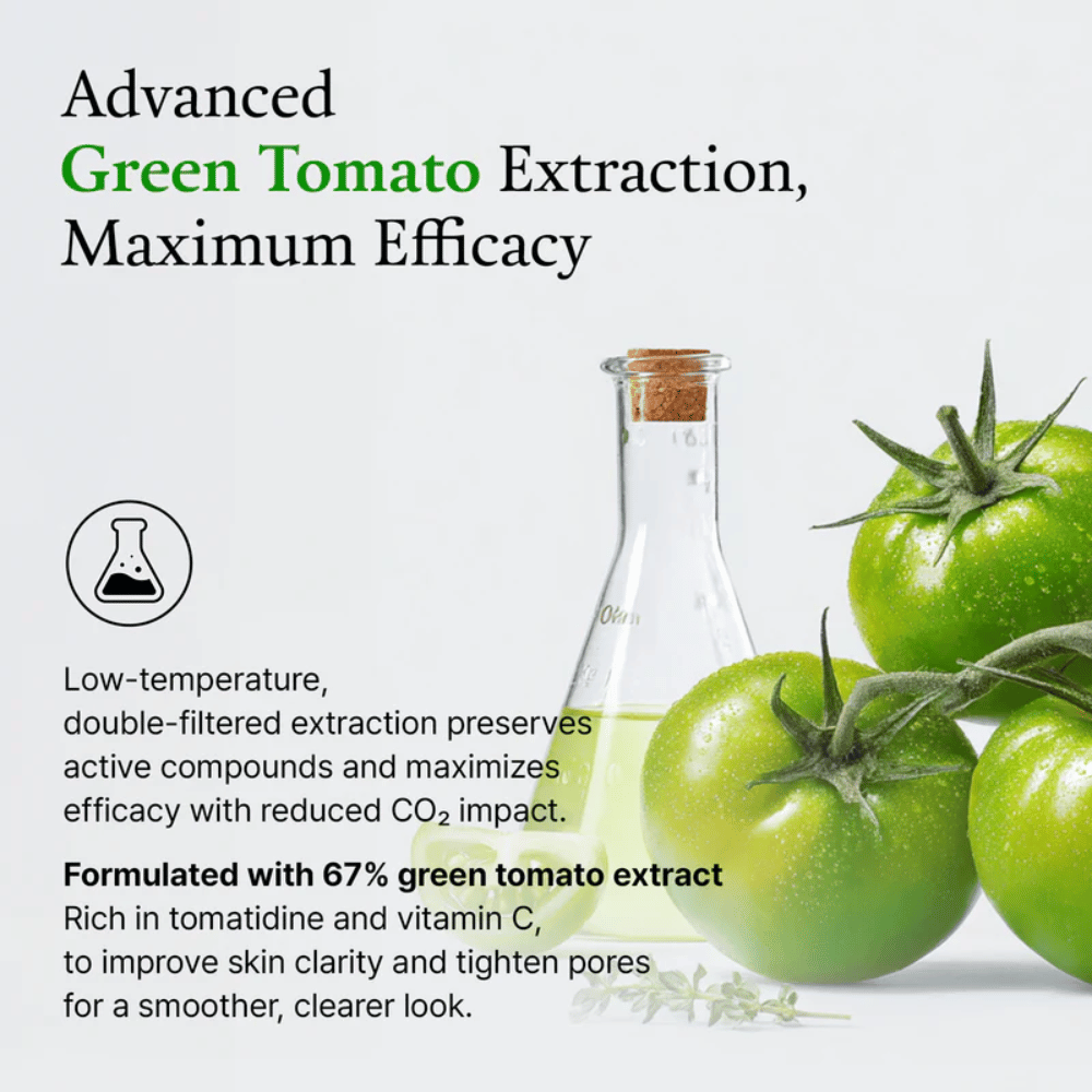 Obrázok so zelenými paradajkami a laboratórnou fľaštičkou, ktorý zdôrazňuje zložku „green tomato extract“ a jej účinok na pleť.