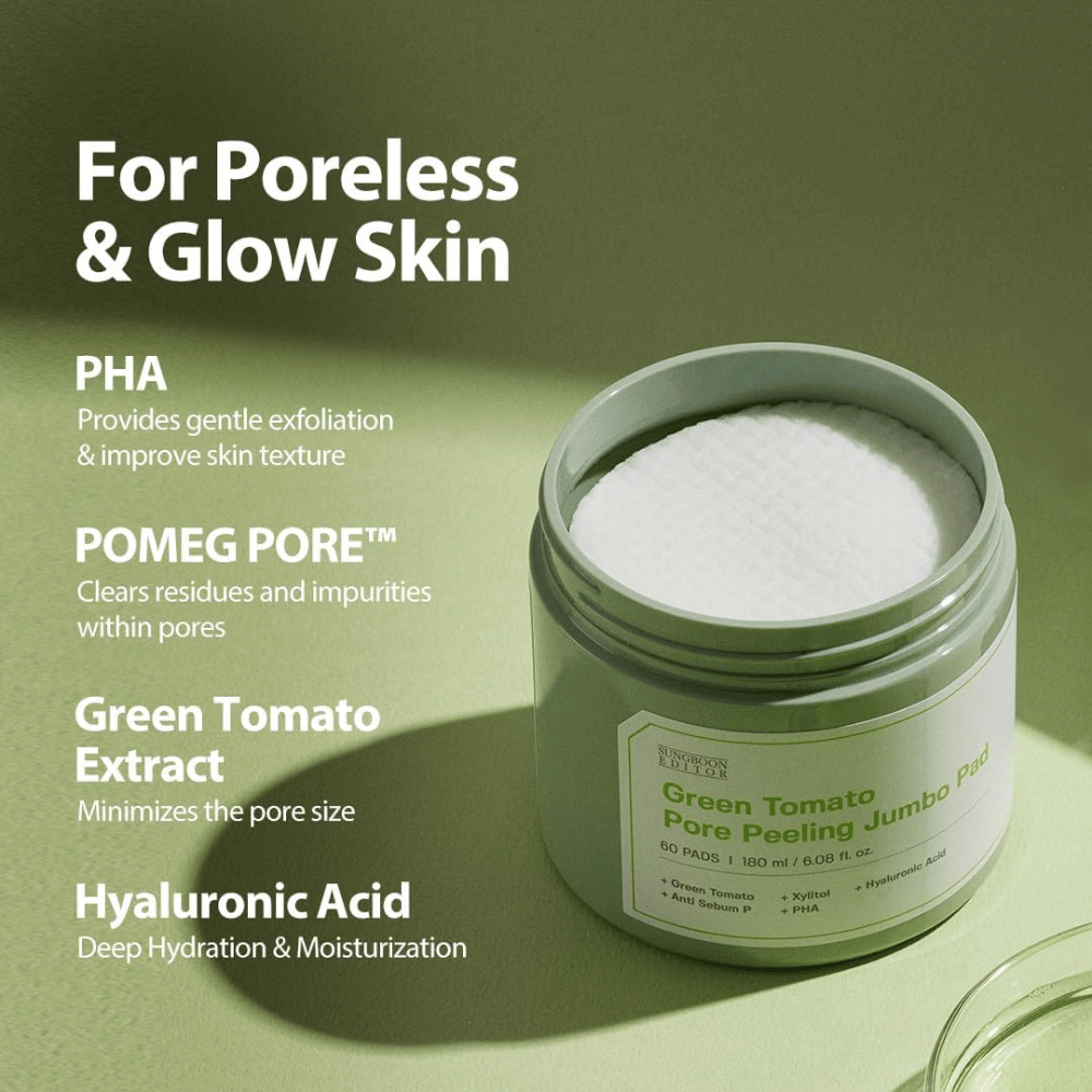 SUNGBOON EDITOR Green Tomato Pore Peeling Jumbo Pad – exfoliačné vankúšiky s PHA, extraktom zo zelených paradajok a kyselinou hyalurónovou