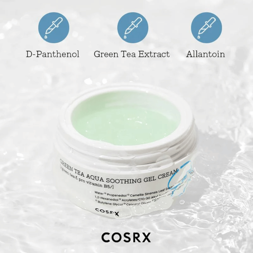 COSRX Green Tea Aqua Soothing Gel Cream – otvorená nádoba so zeleným gélovým krémom. Kľúčové zložky: D-Panthenol, extrakt zo zeleného čaju a Allantoin pre hydratáciu a upokojujúci účinok.