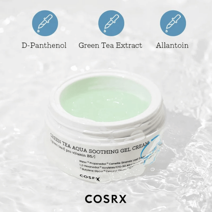 COSRX Green Tea Aqua Soothing Gel Cream – otvorená nádoba so zeleným gélovým krémom. Kľúčové zložky: D-Panthenol, extrakt zo zeleného čaju a Allantoin pre hydratáciu a upokojujúci účinok.