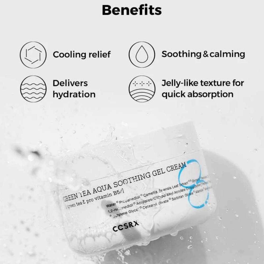 COSRX Green Tea Aqua Soothing Gel Cream – výhody: chladivý efekt, upokojujúci a ošetrujúci, intenzívna hydratácia a gélová textúra pre rýchlu absorpciu.