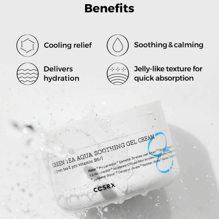 COSRX Green Tea Aqua Soothing Gel Cream – výhody: chladivý efekt, upokojujúci a ošetrujúci, intenzívna hydratácia a gélová textúra pre rýchlu absorpciu.