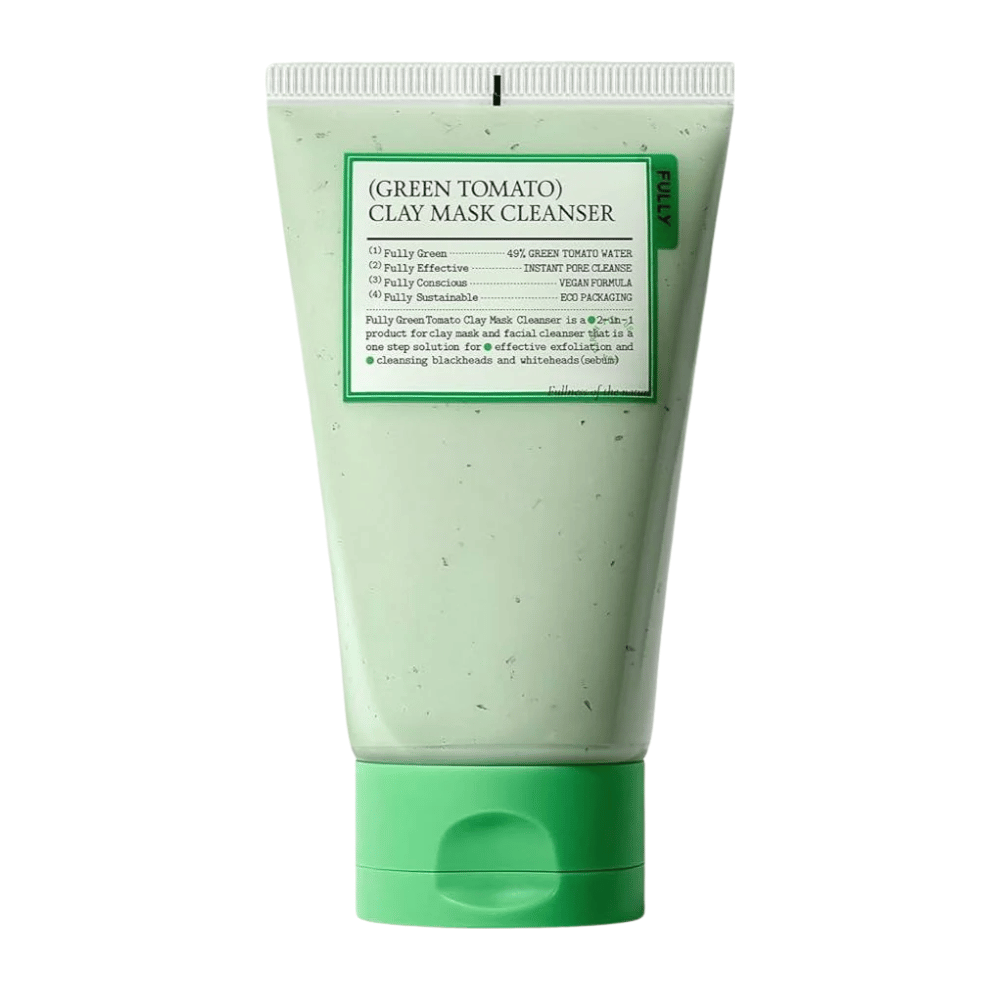 Produktová fotografia Green Tomato Clay Mask Cleanser v zelenom tube na bielom pozadí. Dôraz je na obale a dizajne.
