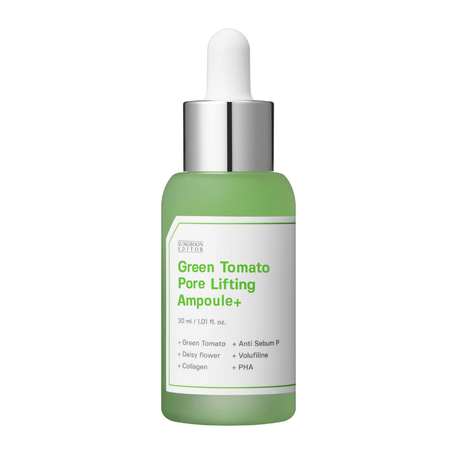 Izolovaný produktový obrázok Green Tomato Pore Lifting Ampoule+ v zelenej sklenenej fľaši s pipetou.