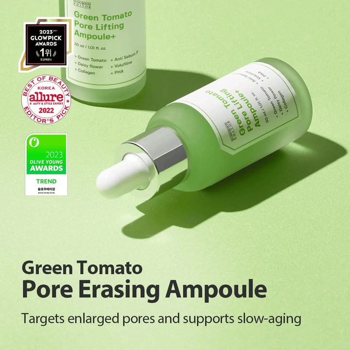 Produktový obrázok Green Tomato Pore Lifting Ampoule+ s oceneniami od Glowpick, Allure a Olive Young Awards 2023.
