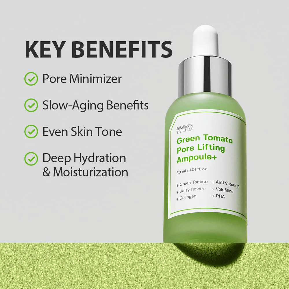 Green Tomato Pore Lifting Ampoule+ s pipetovou fľašou na zelenom pozadí, uvedené kľúčové výhody ako zmenšenie pórov, anti-age, rovnomerný tón pleti a hydratácia.