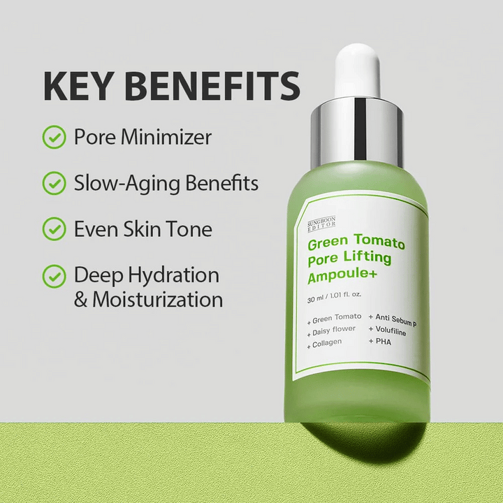 Green Tomato Pore Lifting Ampoule+ s pipetovou fľašou na zelenom pozadí, uvedené kľúčové výhody ako zmenšenie pórov, anti-age, rovnomerný tón pleti a hydratácia.