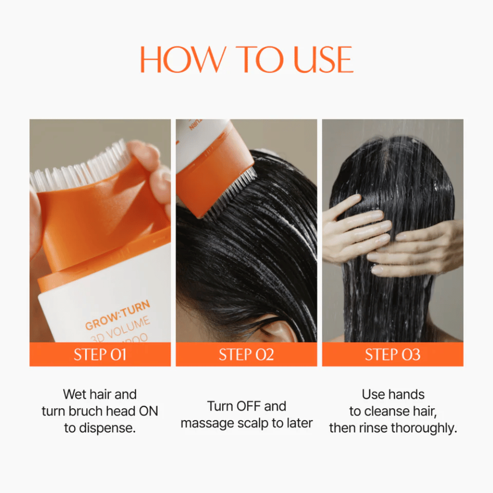 LILYEVE Grow:Turn Exosome 3D Volume Brush Shampoo so zabudovanou masážnou kefou na starostlivosť o pokožku hlavy