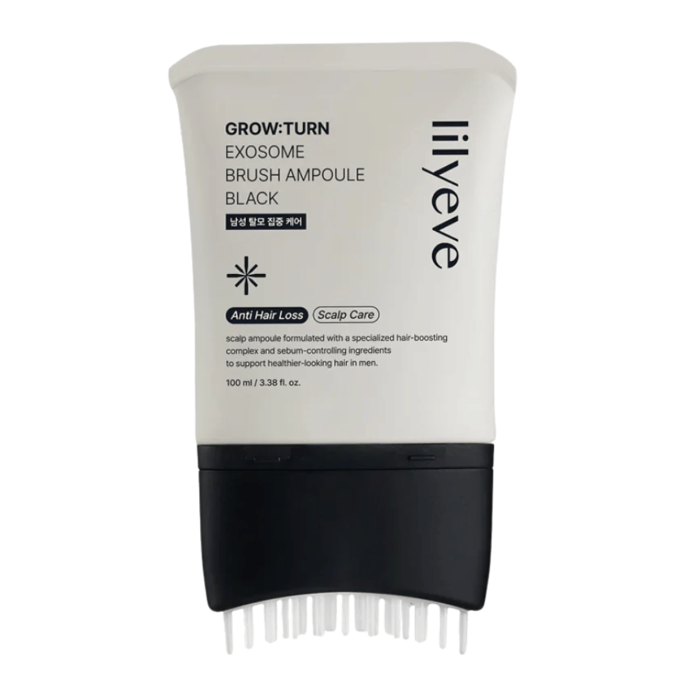 Vyrezaný produktový obrázok LILYEVE Grow:Turn Exosome Brush Ampoule Prime na bielom pozadí. Integrovaný kefkový aplikátor uľahčuje nanášanie séra priamo na pokožku hlavy na každodennú starostlivosť o vlasy a pokožku hlavy.