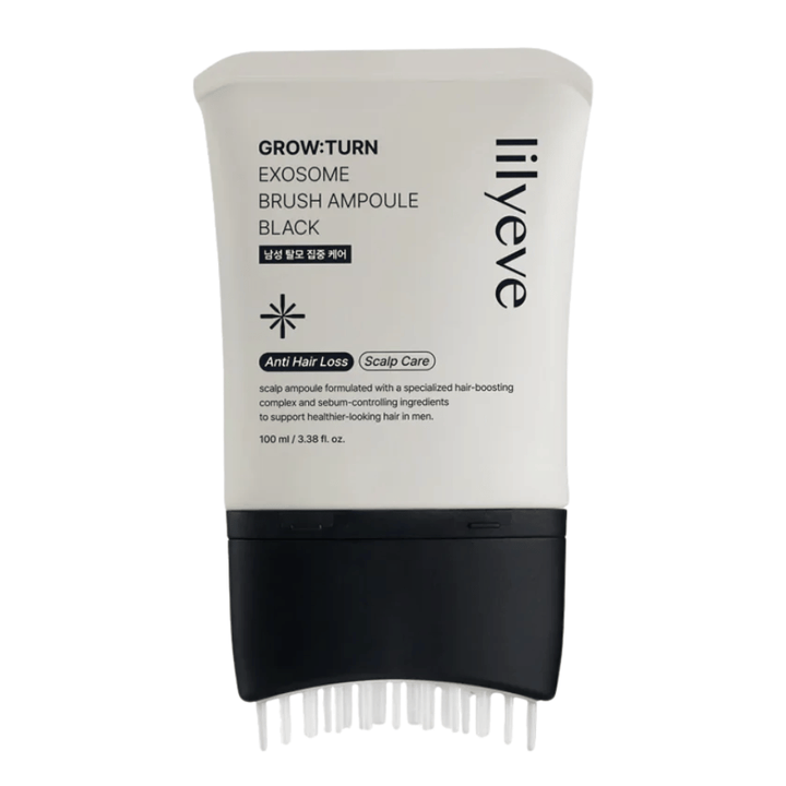 Vyrezaný produktový obrázok LILYEVE Grow:Turn Exosome Brush Ampoule Prime na bielom pozadí. Integrovaný kefkový aplikátor uľahčuje nanášanie séra priamo na pokožku hlavy na každodennú starostlivosť o vlasy a pokožku hlavy.