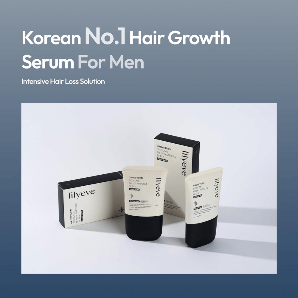 Obrázok produktu a balenia LILYEVE Grow:Turn Exosome Brush Ampoule Prime. Obrázok zvýrazňuje sérum ako produkt vlasovej starostlivosti vyvinutý pre mužov so zameraním na starostlivosť o pokožku hlavy a potreby súvisiace s vypadávaním vlasov.