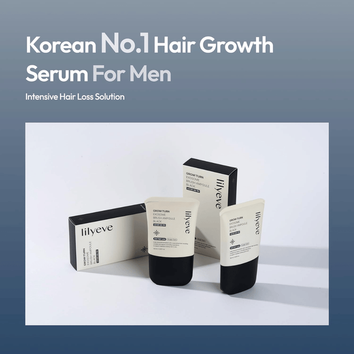 Obrázok produktu a balenia LILYEVE Grow:Turn Exosome Brush Ampoule Prime. Obrázok zvýrazňuje sérum ako produkt vlasovej starostlivosti vyvinutý pre mužov so zameraním na starostlivosť o pokožku hlavy a potreby súvisiace s vypadávaním vlasov.