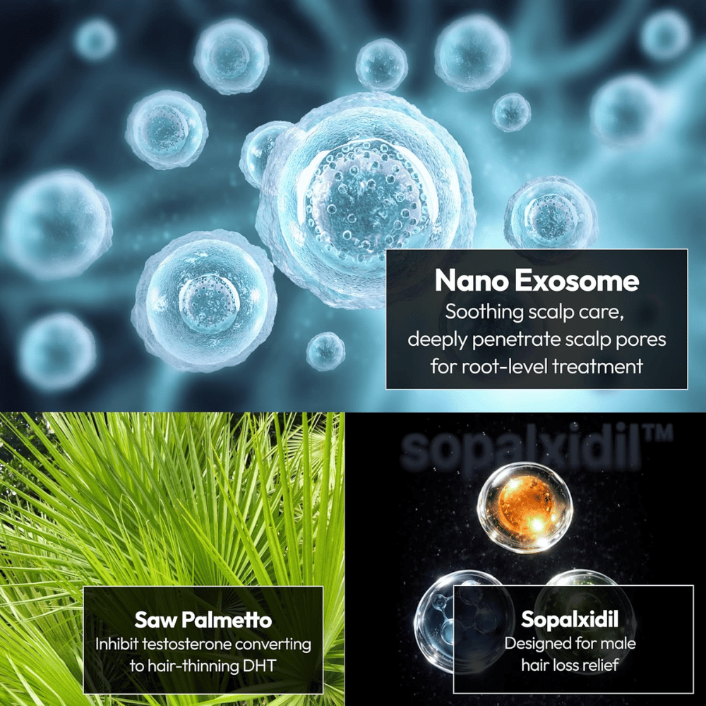 Ilustrácia kľúčových zložiek produktu vrátane nanoexozómov, saw palmetta a Sopalxidilu™. Zložky sú vyzdvihnuté na podporu starostlivosti o pokožku hlavy, zníženie vypadávania vlasov súvisiaceho s DHT a posilnenie predpokladov vlasov.