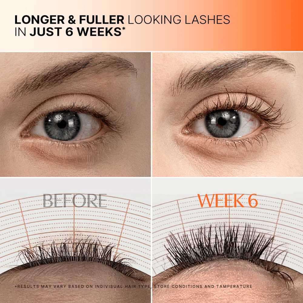 Fotografia rias pred a po 6 týždňoch používania LILYEVE Grow Turn Exosome Dual Lash Serum.
