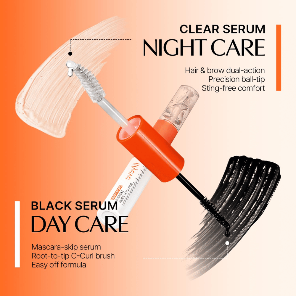 LILYEVE Grow Turn Exosome Dual Lash Serum s transparentným nočným sérom a čiernym denným sérom v obojstrannom balení.
