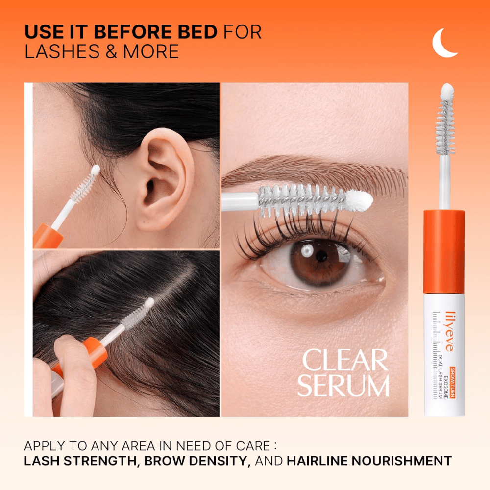 LILYEVE Grow Turn Exosome Dual Lash Serum – transparentné sérum na večernú starostlivosť o riasy, obočie a líniu vlasov.