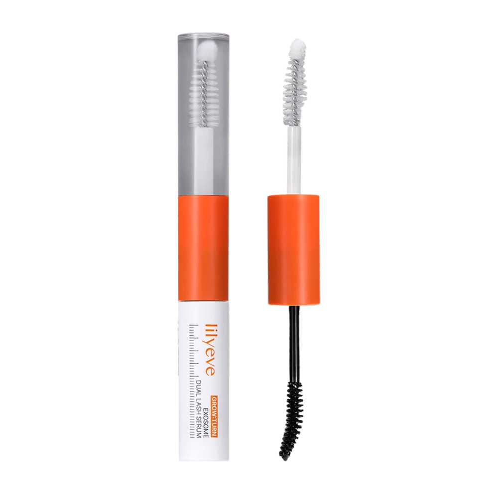 LILYEVE Grow Turn Exosome Dual Lash Serum – obojstranné sérum na riasy s transparentným a čiernym sérom a dvoma aplikátormi.