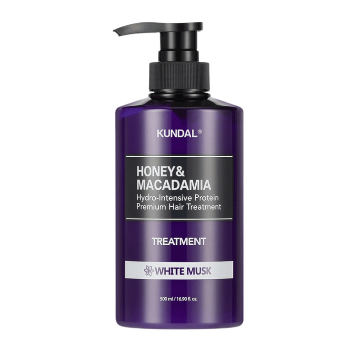 KUNDAL Honey & Macadamia Hydro-Intensive Protein Premium Hair Treatment White Musk v fialovej pumpovacej fľaši, 500 ml.