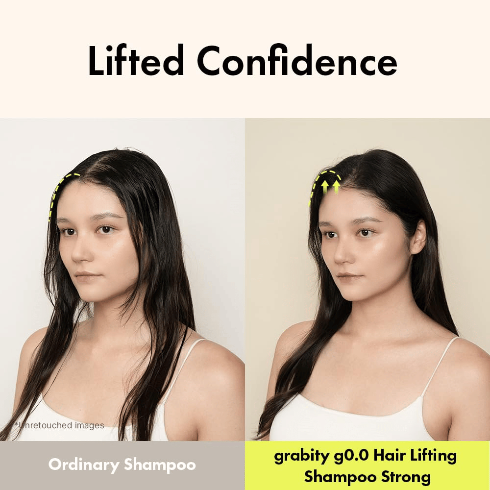 Obrázok pred a po, ktorý ukazuje zvýšený objem a nadvihnutie pri korienkoch po použití Grabity g0.0 Hair Lifting Shampoo Strong na tenké a splihnuté vlasy.