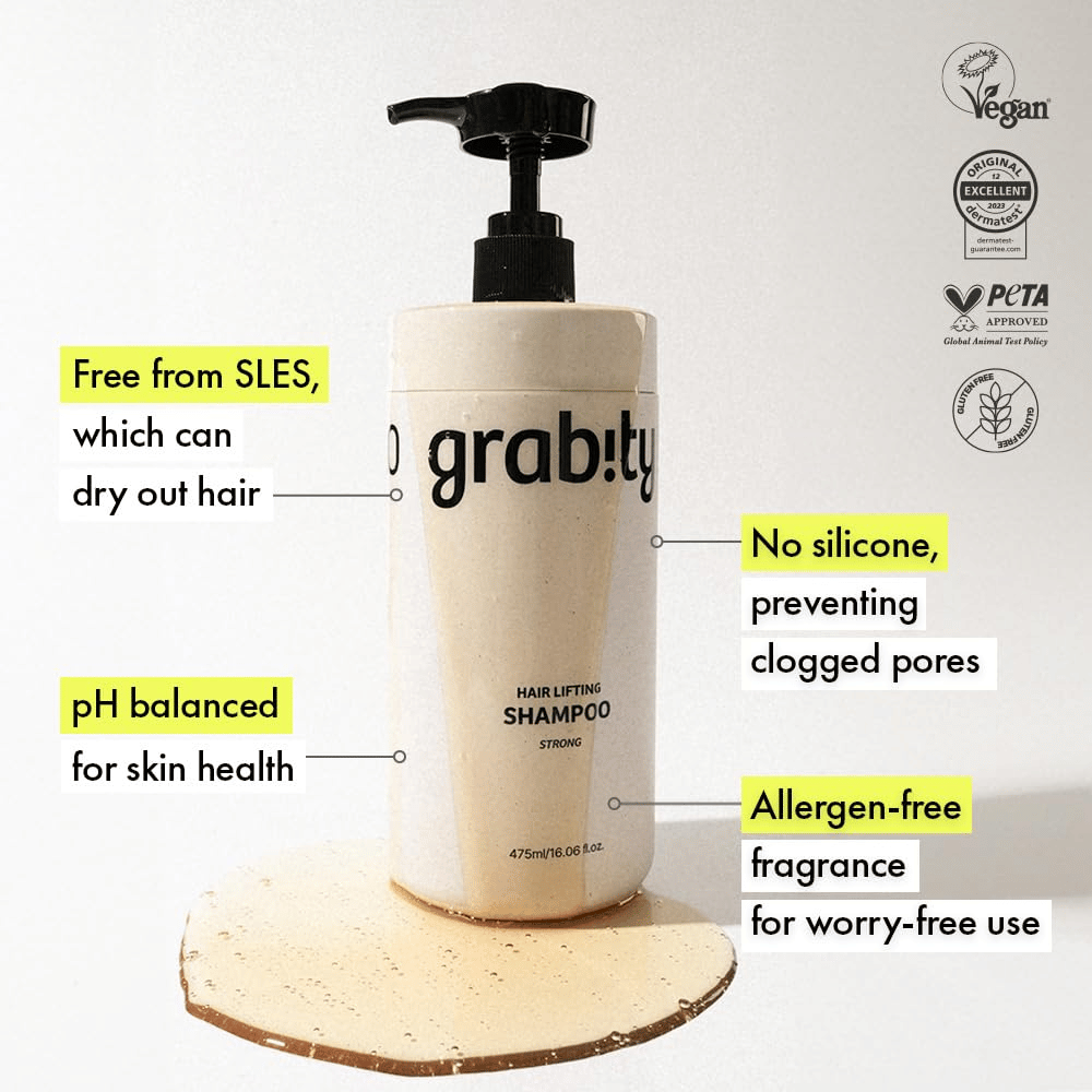 Grabity g0.0 Hair Lifting Shampoo Strong s informáciami o zložení bez SLES, bezsilikónovom zložení, vôni bez alergénov a certifikáciách pre vegánsku a šetrnú starostlivosť o vlasy.