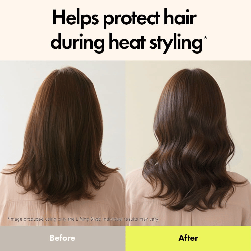 Obrázok pred a po, ktorý ukazuje účinok Grabity Hair Lifting Shot. Vlasy po použití vyzerajú plnšie, viac definované a lepšie chránené pri tepelnej úprave.