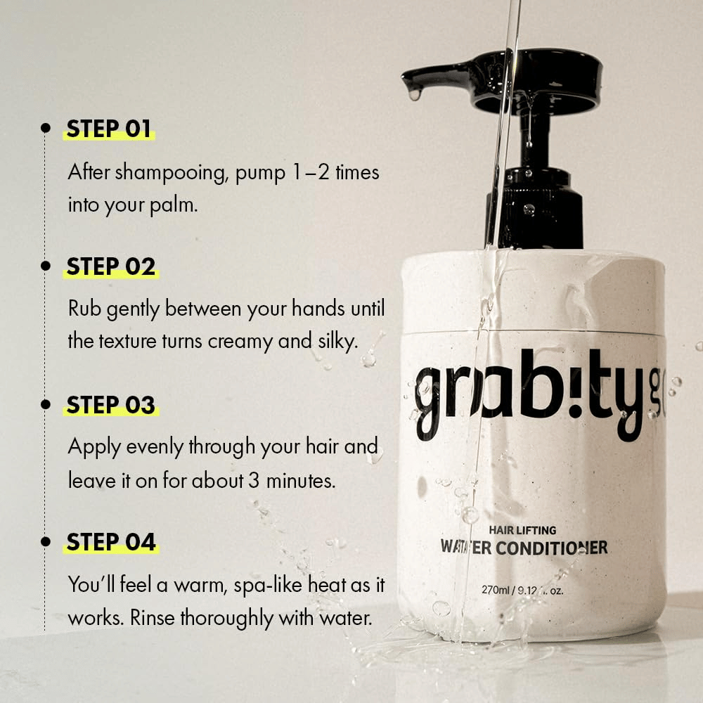 Inštruktážny obrázok pre Grabity Hair Lifting Water Conditioner, ktorý ukazuje, ako sa produkt používa po šampónovaní na poskytnutie starostlivosti, lesku a plnšieho vzhľadu vlasov.