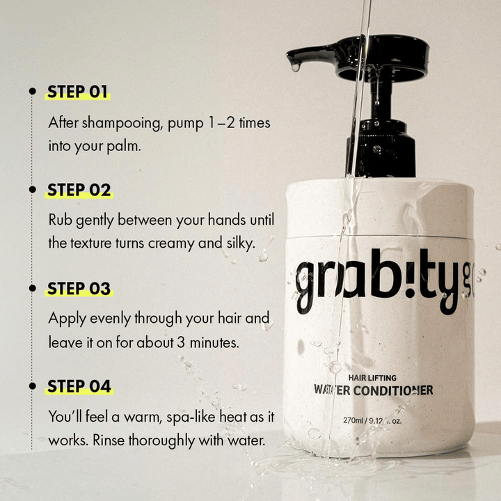 Inštruktážny obrázok pre Grabity Hair Lifting Water Conditioner, ktorý ukazuje, ako sa produkt používa po šampónovaní na poskytnutie starostlivosti, lesku a plnšieho vzhľadu vlasov.