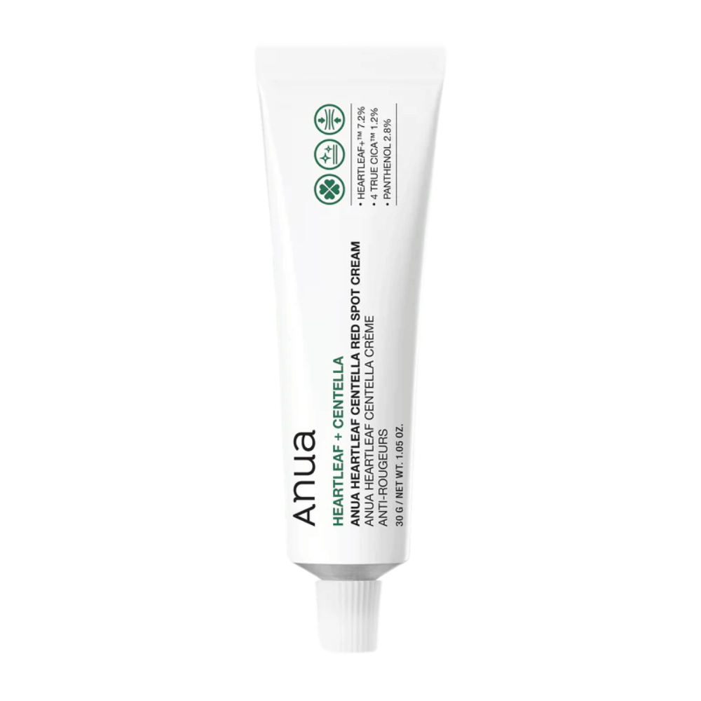 Anua Heartleaf Centella Red Spot Cream v bielej tube, bodový krém s centellou na upokojenie pokožky a posilnenie vlhkostnej bariéry.