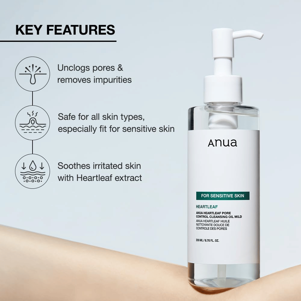 Anua Heartleaf Pore Control Cleansing Oil Mild je jemný čistiaci olej pre všetky typy pleti, obzvlášť vhodný pre citlivú pokožku. Pomáha: Odstraňovať nečistoty a čistiť póry. Upokojiť podráždenú pokožku pomocou heartleaf extraktu. Je bezpečný pre všetky typy pleti a špeciálne prispôsobený tak, aby bol jemný a efektívny.