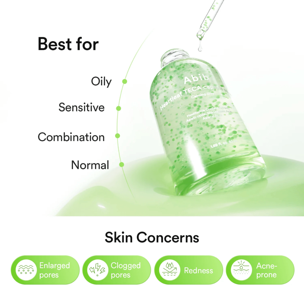 Informačný obrázok ukazujúci, že Abib Heartleaf TECA Capsule Serum je vhodné pre mastnú, citlivú, zmiešanú a normálnu pleť a zameriava sa na póry, začervenanie a pleť so sklonom k akné.