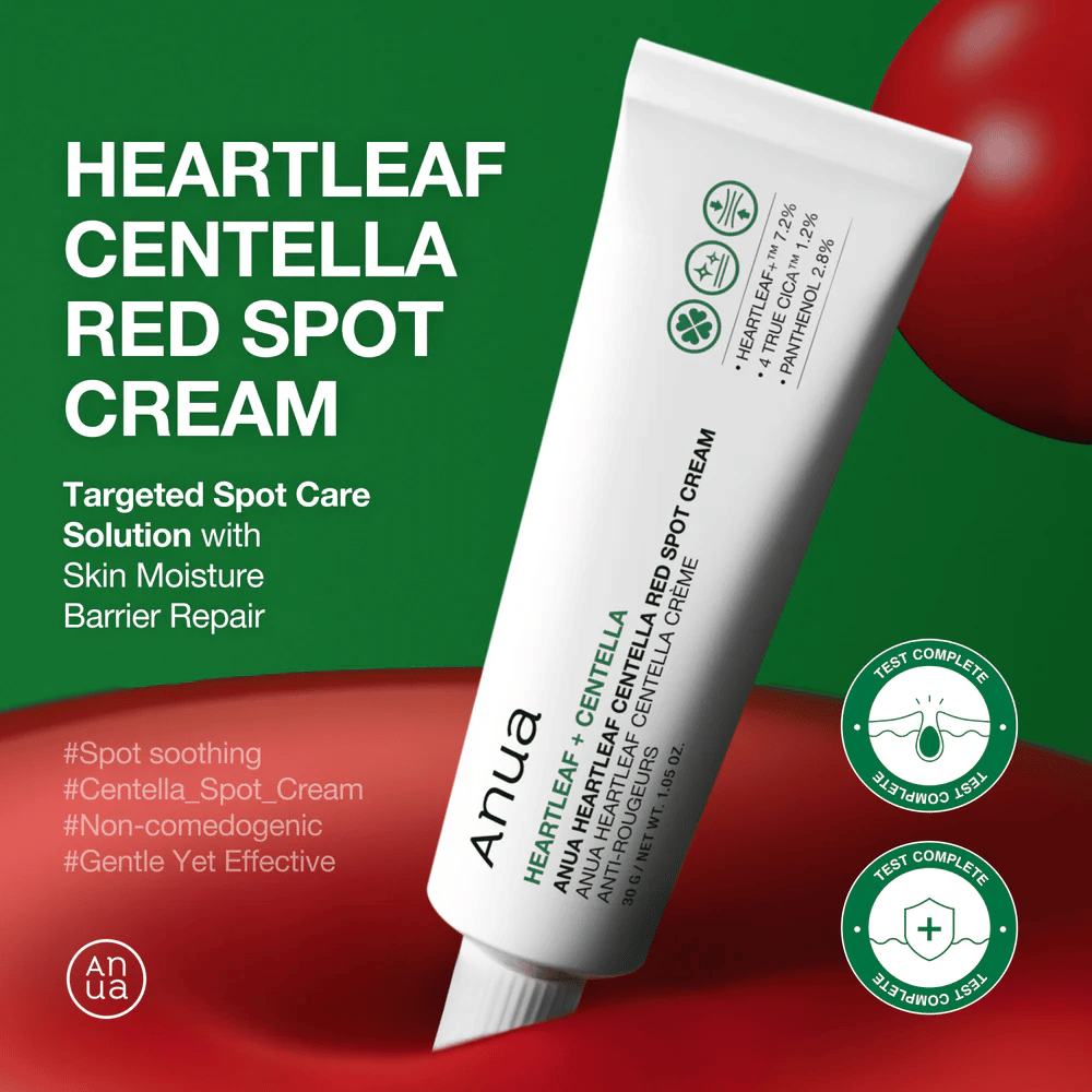 Anua Heartleaf Centella Red Spot Cream v bielej tube prezentovaná na zelenej pozadí, so zameraním na bodové ošetrenie, opravu vlhkostnej bariéry a testovanú jemnú formulu.