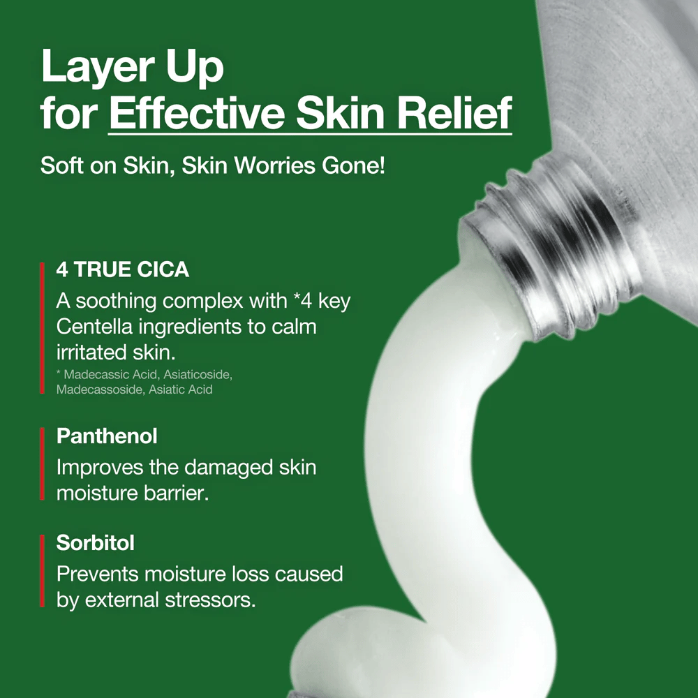 Anua Heartleaf Centella Red Spot Cream s bielym krémom vytlačeným z tuby, zvýraznené ingrediencie ako 4 True Cica, Panthenol a Sorbitol pre upokojujúci a hydratačný účinok.