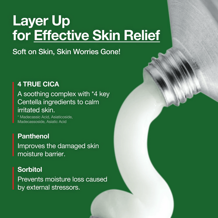 Anua Heartleaf Centella Red Spot Cream s bielym krémom vytlačeným z tuby, zvýraznené ingrediencie ako 4 True Cica, Panthenol a Sorbitol pre upokojujúci a hydratačný účinok.