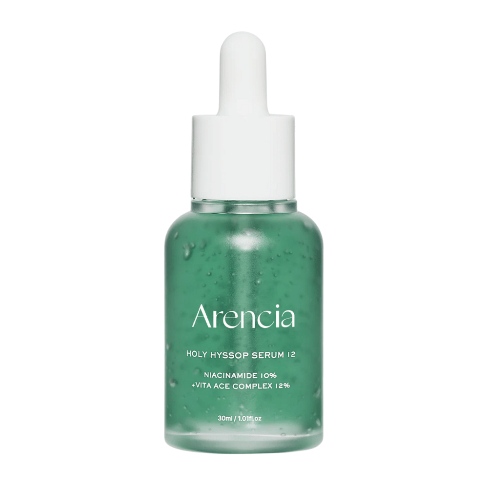 Arencia Holy Hyssop Serum 12 v zelenej sklenenej fľaši s pipetou, pleťové sérum s niacinamidom 10 % a vitamínovým ACE komplexom 12 %.