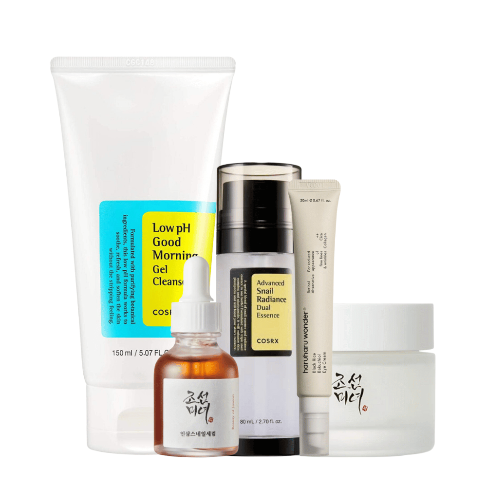 Výber z K-Beauty Mature Skin Time Revers Kit pre príznaky starnutia na bielom pozadí.