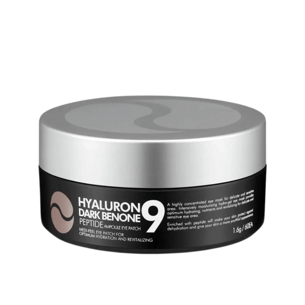 Hyaluron Dark Benone Peptide 9 Ampoule Eye Patch – kórejská očná maska v nádobe s peptidmi a kyselinou hyalurónovou pre intenzívnu starostlivosť o suchú a unavenú pokožku okolo očí.