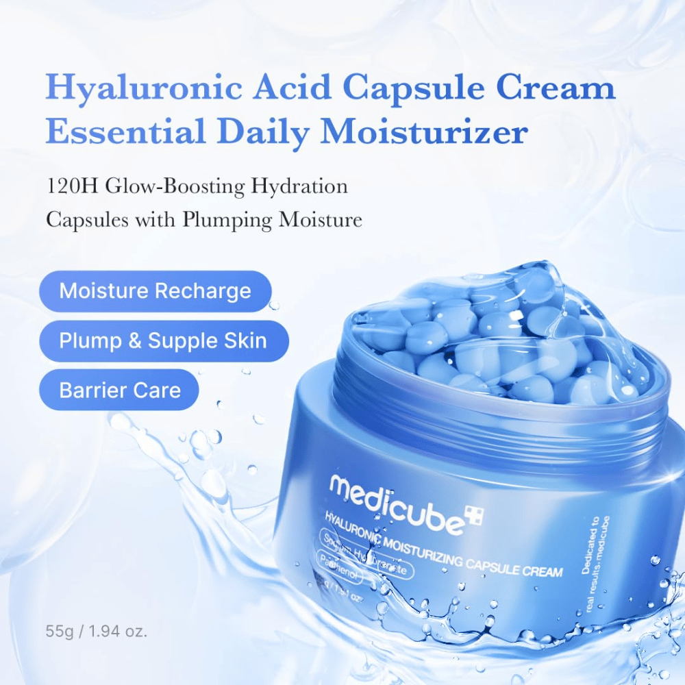 4. Medicube Hyaluronic Moisturizing Capsule Cream – modré hydratačné kapsuly v géle, ktoré hydratujú, upokojujú a posilňujú kožnú bariéru