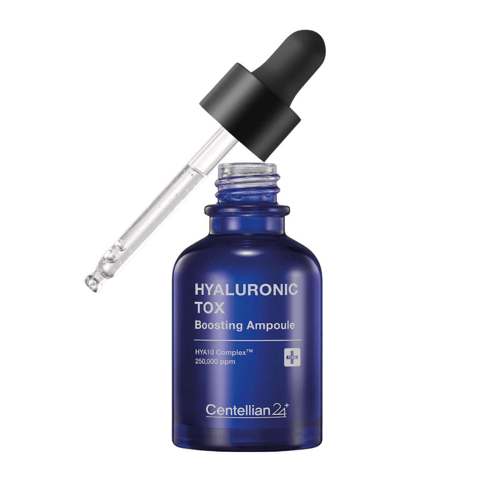 5. Centellian24 Hyaluronic Tox Boosting Ampoule – modrá sklenená fľaštička s hydratačným pleťovým sérom a pipetou