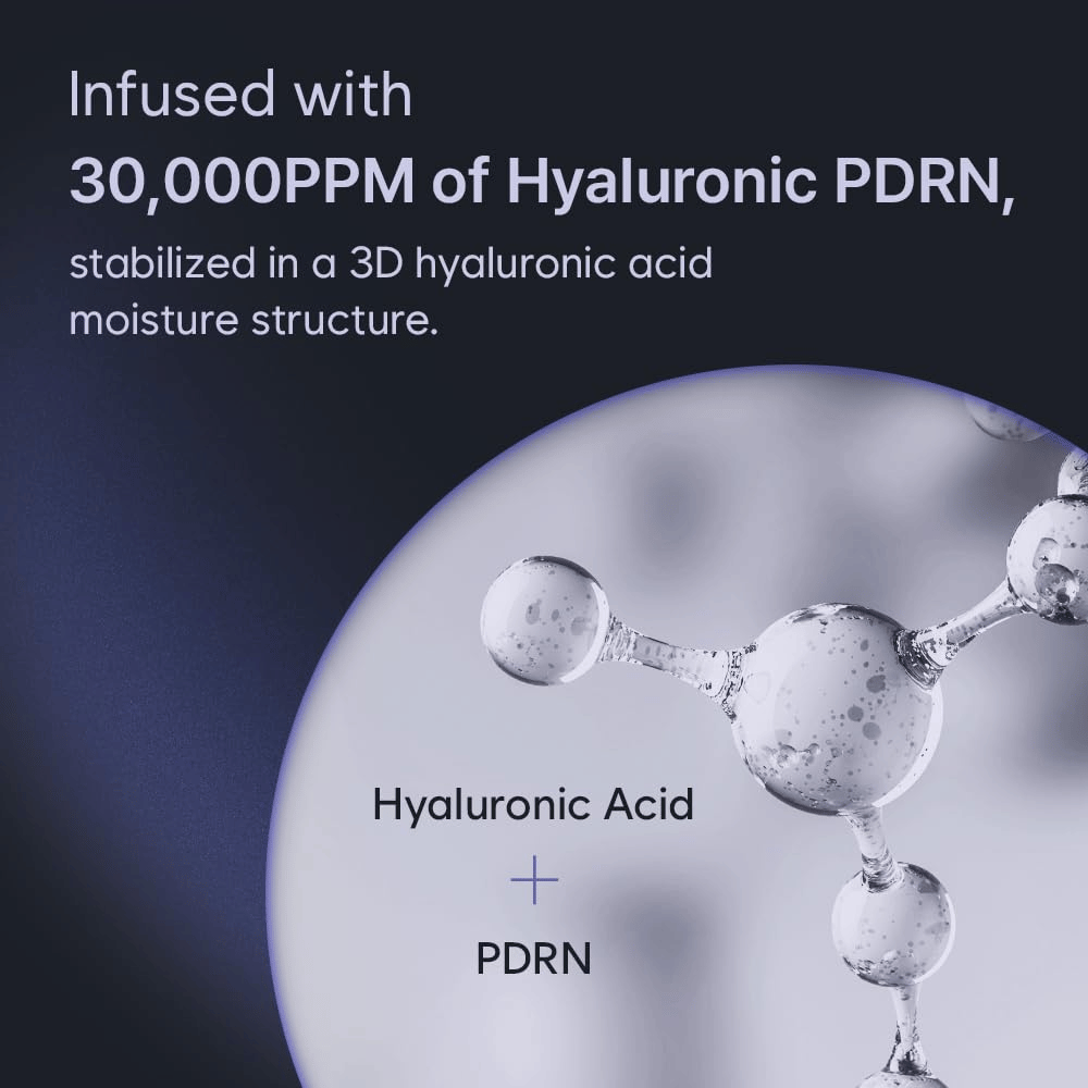 Grafická ilustrácia kyseliny hyalurónovej a PDRN v trojrozmernej hydratačnej štruktúre. Obrázok zdôrazňuje vysokú koncentráciu Hyaluronic PDRN v produkte a jeho hydratačnú technológiu.
