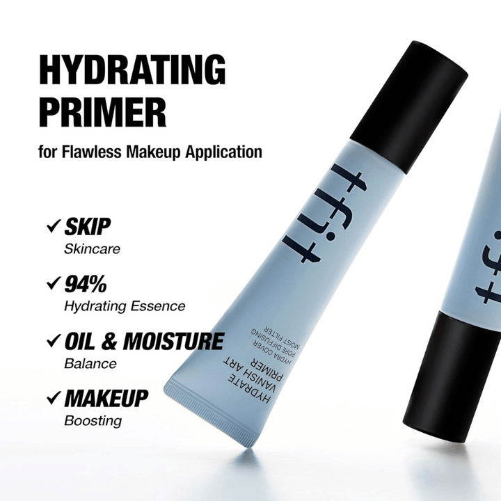 TFIT Hydrate Vanish Art Primer je zobrazený s informatívnym textom o výhodách produktu, vrátane 94 % hydratačnej esencie a olejovej rovnováhy – vyvinutý pre hladší make-up základ.