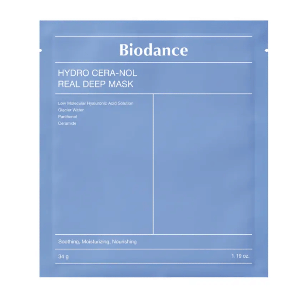 Obal zobrazuje "Biodance Hydro Cera-Nol Real Deep Mask". Je to upokojujúca, hydratačná a vyživujúca pleťová maska obsahujúca nízkomolekulárnu kyselinu hyalurónovú, ľadovcovú vodu, pantenol a ceramidy. Dizajn je jednoduchý v upokojujúcom modrom odtieni.