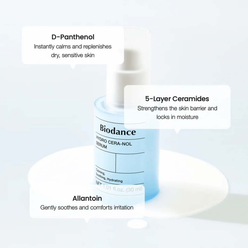 D-Panthenol – Upokojuje a hydratuje citlivú pokožku.
5-vrstvové ceramidy – Posilňujú kožnú bariéru a uzamykajú vlhkosť.
Allantoín – Zjemňuje a zmierňuje podráždenie.