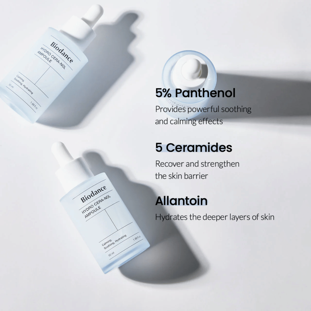Biodance Hydro Cera-Nol Ampoule – Intenzívna hydratácia a posilnenie kožnej bariéry.

💙 5% Panthenol – Upokojuje a znižuje podráždenie pokožky.
🛡️ 5 Ceramidov – Obnovuje a posilňuje ochrannú bariéru pokožky.
💧 Allantoín – Hlboko hydratuje pre jemnejšiu pokožku.

Perfektné pre citlivú a suchú pokožku, ktorá potrebuje extra starostlivosť!