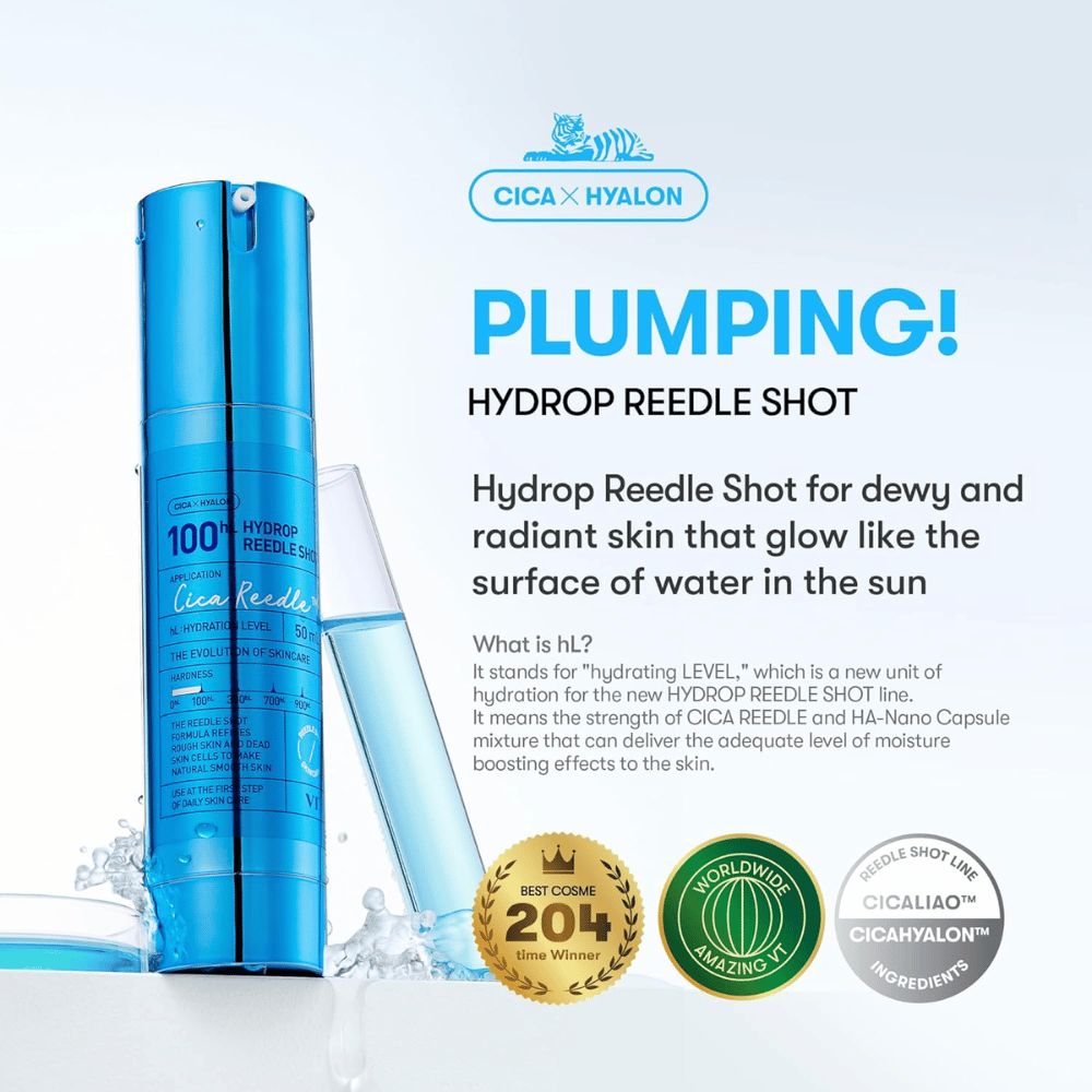 Modrá fľaša VT Cica Hyalon Hydrop Reedle Shot 100hL s priehľadnou pipetou, text o hydratačnom účinku a jase pokožky, ako aj tri emblémy, ktoré zdôrazňujú ocenenia a zložky produktu.