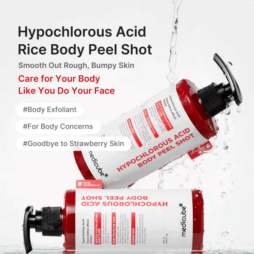 Propagačný obrázok pre Medicube Hypochlorous Acid Body Peel Shot s vodným efektom a zameraním na exfoliáciu tela pri jahodovej pokožke, nerovnomernej štruktúre pokožky a suchých miestach.
