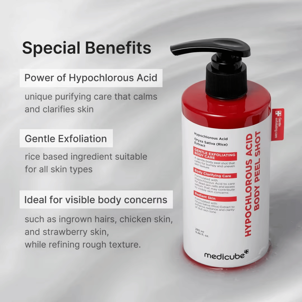 Informačný obrázok pre Medicube Hypochlorous Acid Body Peel Shot so zameraním na kyselinu chlórnu, jemnú exfoliáciu a starostlivosť o hrboľatú a nerovnomernú pokožku tela.