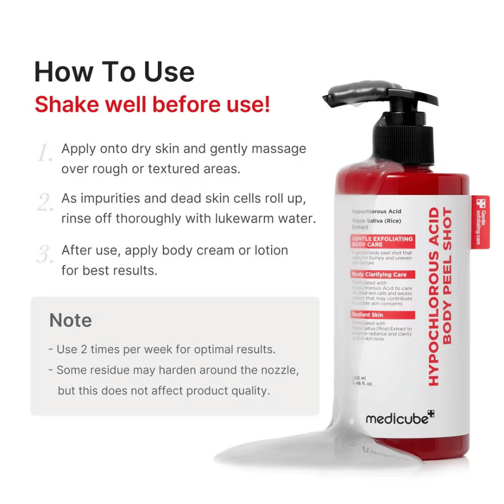 Inštruktážny obrázok pre Medicube Hypochlorous Acid Body Peel Shot, ktorý krok za krokom ukazuje, ako sa telový peeling používa na exfoliáciu a jemnejšiu pokožku.